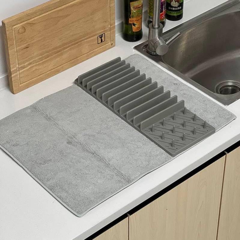 UMBRA Kitchen Dish Drying Rack and Mat Set, Grey Silicone - Image 1