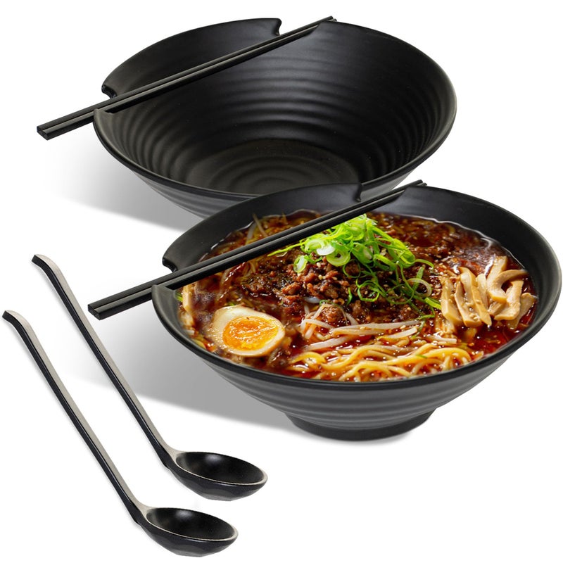 HEFTMAN Japanese Ramen Bowl Set of 2  Elegant 1000ml Ramen Bowls Dishwasher Safe ReUsable Plastic Noodle Bowl Set for Soup Salad Rice  Pasta Dishes  with Matching Spoons  Chopsticks Black