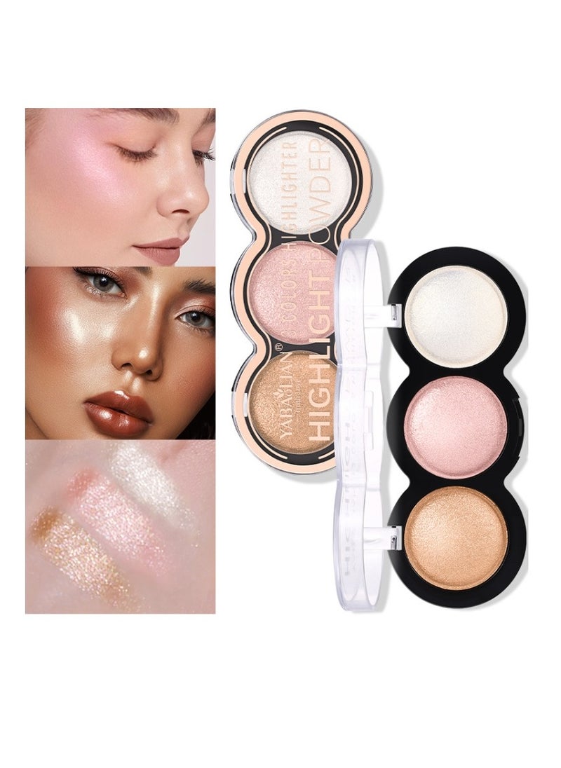 Yabaolian - 3 Color Glitter Highlighter Powder Palette,3 in 1 Blush and Highlighter Powder Makeup,Waterproof Long Lasting,Highly Pigmented Face Illuminator for a Glowing Look 1 Pcs Palette Color Number 4 - Image 1