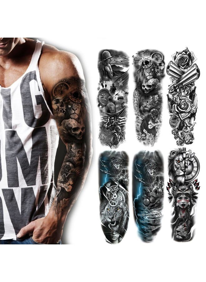 Kotbs 6 SheetsTribal Lion Forest Full Arm Temporary Tattoo Sleeves for Women Adults, Realistic Lion, Clock, and Skull Design, Fake Tattoo Sleeves for Cosplay, Halloween, and Festivals - Image 1