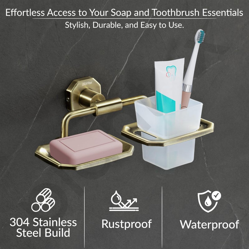 Plantex 304 Grade Stainless Steel 2in1 Soap Dish with Tumbler Holder/Soap Stand/Tooth Brush Holder/Bathroom Accessories - Nipron (Brass Antique) - Image 2