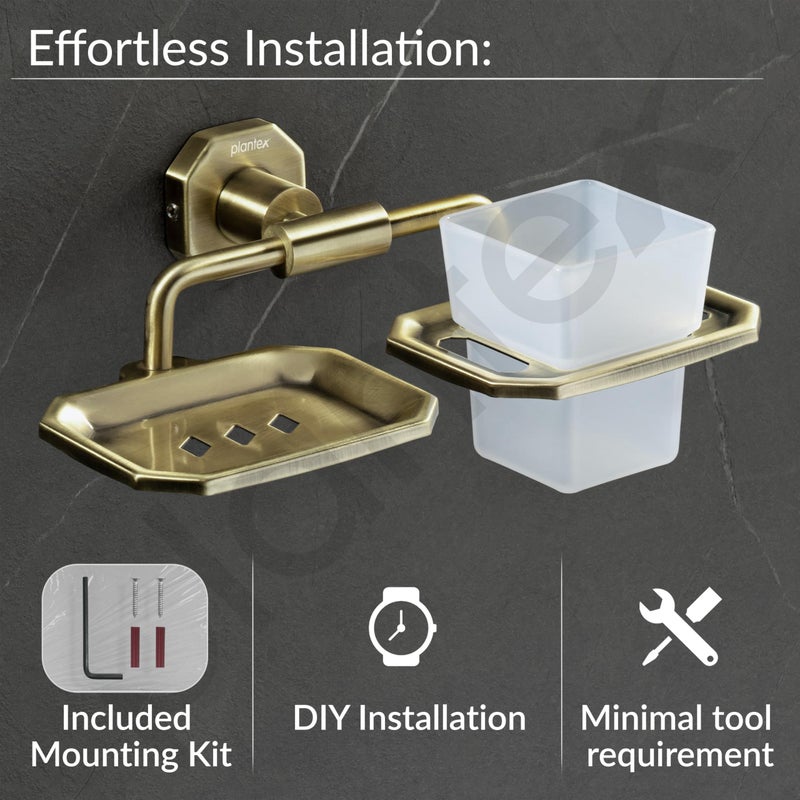 Plantex 304 Grade Stainless Steel 2in1 Soap Dish with Tumbler Holder/Soap Stand/Tooth Brush Holder/Bathroom Accessories - Nipron (Brass Antique) - Image 5