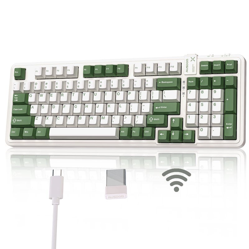 AUSDOM 98Pro Wireless Mechanical Keyboard, Tri-Mode BT/2.4GHz/USB-C Hot Swappable Custom Gaming Keyboard with Backlit, Gasket Structure, Linear Switches for Windows/Mac/PC (Green&White 97keys) - Image 1