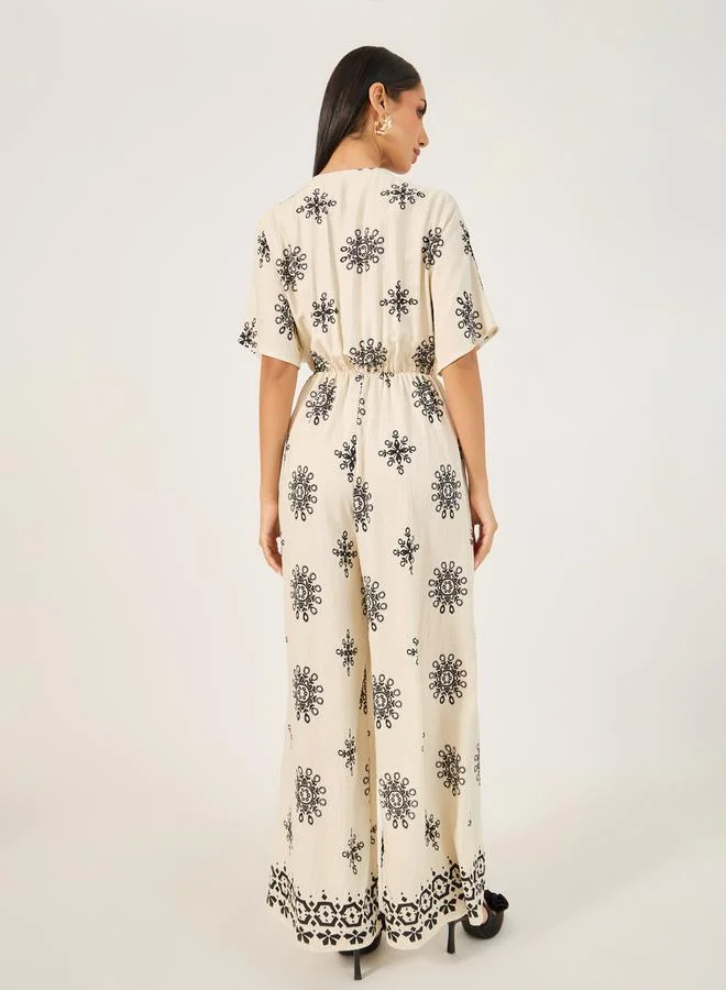 Styli Printed V Neck Half Sleeve Jumpsuit
