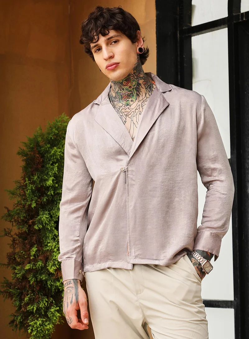 كامبوس سوترا Campus Sutra Men's Smoke Grey Cuban-Modular Shirt | Notch  Collar , Long Cuffed Sleeves , Button Closure , Straight Hem | Solid Plain | Polyester Shirt For Casual Wear