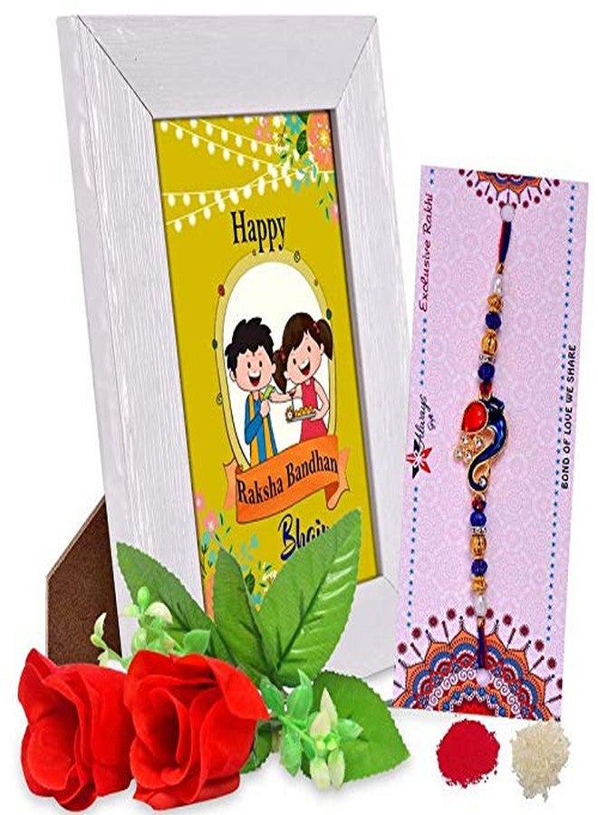 Alwaysgift STUNNING PEACOCK KUNDAN RAKHI Happy Raksha Bandhan Bhaiya Quotation frame & 2 Red Roses Combo - Image 1