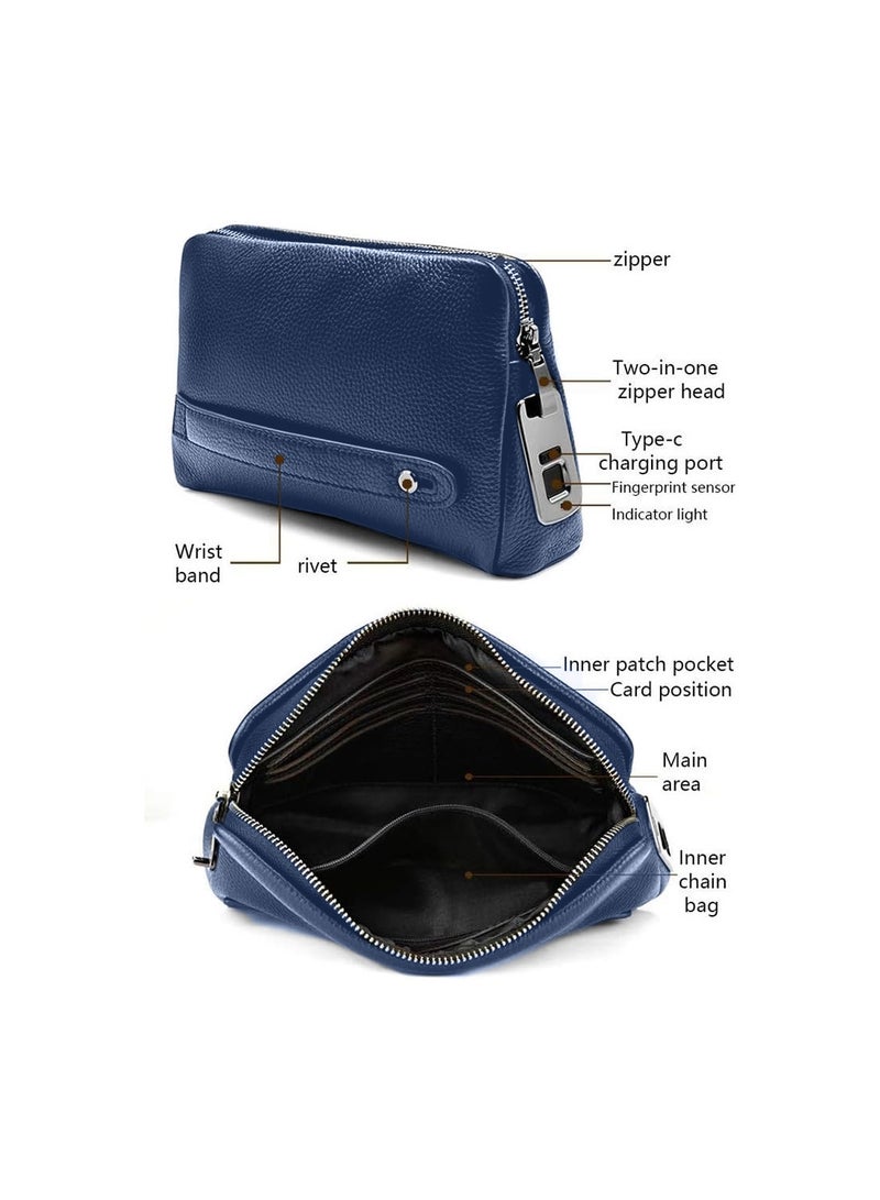 دبليو تيك حقيبة ذات قفل بالبصمة من الجلد للرجال والنساء، حقيبة يد للرجال، محفظة نقود طويلة، جراب هاتف محمول، نظام قفل ذكي، حقيبة محفظة صغيرة - أزرق كحلي - Image 4