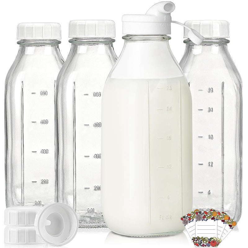Syntic Liter Glass Milk Bottles w Scale, 100% Airtight Heavy Duty Screw Lid - 4 Pack 32 Oz Drinking Jars w Lids - Glass Bottles for Milk, Honey, Jam - Dishwasher Safe(Extra 2 Lids and 1 Pour Spout) - Image 1