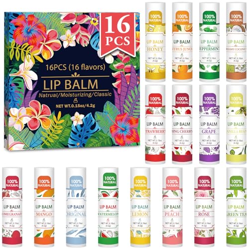 VISRIE 16 Pack Lip Balm, Natural Lip Balm Bulk with Vitamin E and Coconut Oil, Bulk Moisturizing Lip Balms for Dry Lips-16 Flavors - Image 1