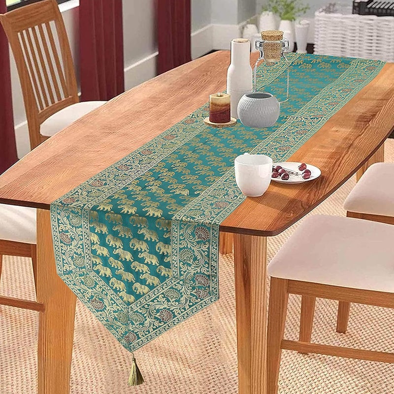 EEZRA Paisley Silk Table Runner for Living Room 4 to 6 Seater Dinning Table Runner Elephant V Shape Runner 80 by 14 Inch Green
