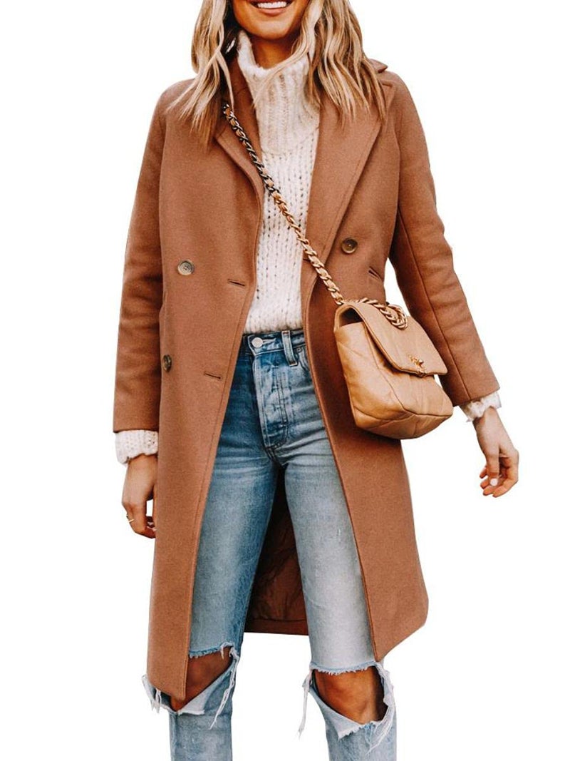 Yousify Women's Wool & Pea Coats Double Breasted Caramel Coat Women Notched Lapel Collar Long Winter Trench Coats - Image 2
