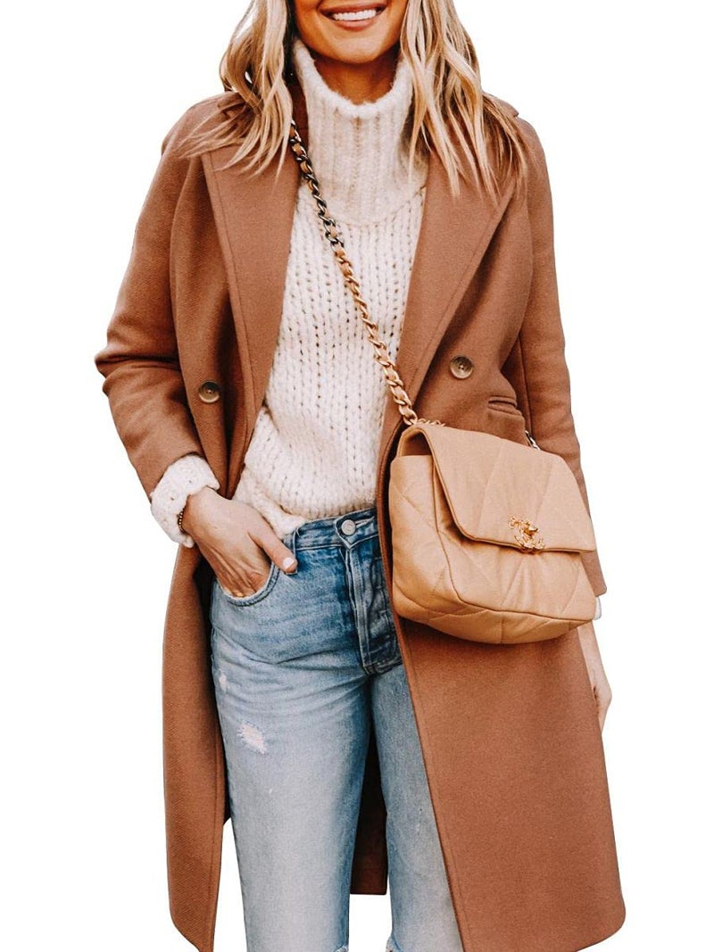 Yousify Women's Wool & Pea Coats Double Breasted Caramel Coat Women Notched Lapel Collar Long Winter Trench Coats - Image 3