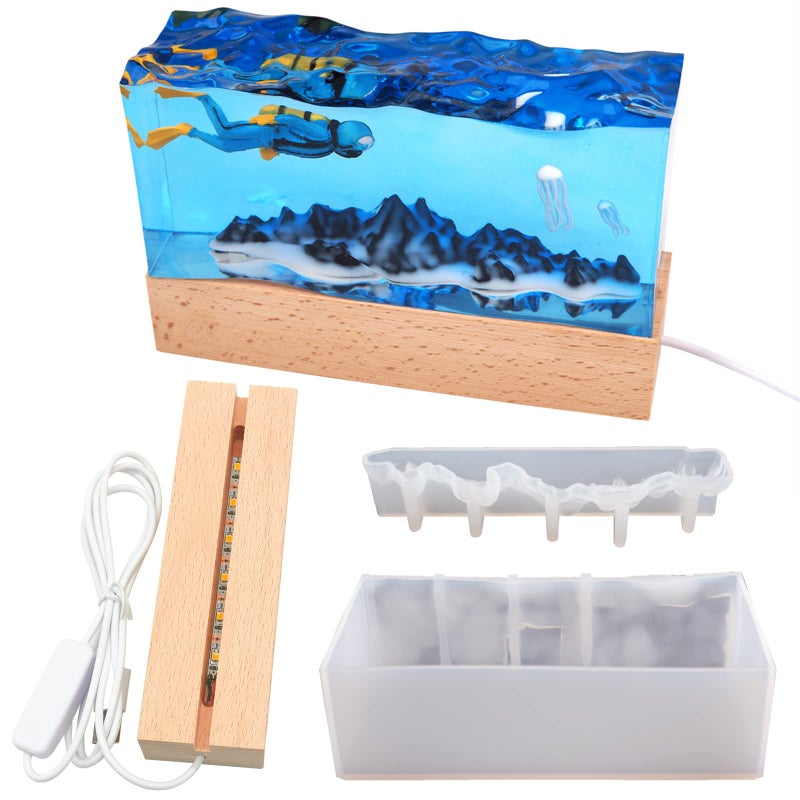 Voaesdk Rectangle Resin Silicone Molds Mountain Sea Light Cube Resina Moulds with USB Wooden Lamp Base for PaperweightMarine ThemePreserved FlowerDIY Craft