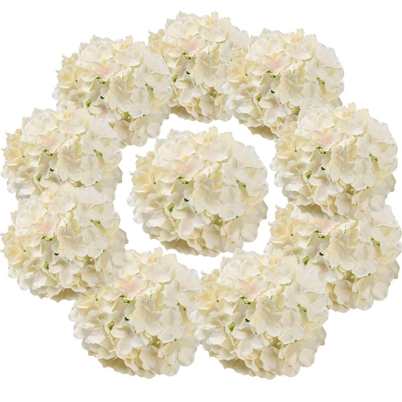 Flojery Silk Hydrangea Heads Artificial Flowers Heads with Stems for Home Wedding Decor Pack of 10 (Champagne) - Image 1