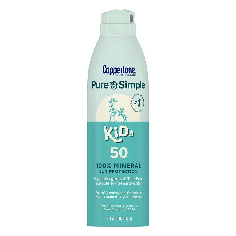 Coppertone رذاذ واقي شمس للأطفال نقي وبسيط SPF 50، واقي شمس معدني أكسيد الزنك للبشرة الحساسة، خالي من المواد المسببة للحساسية وخالي من الدموع، علبة 5 أونصات - Image 1