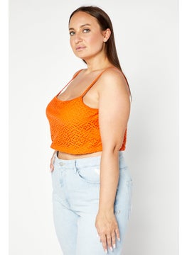 LASULA Women Square Neck Sleeveless Crochet Crop Top, Orange  - Image 2