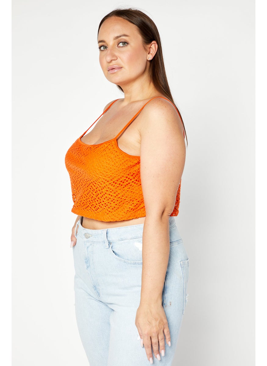 LASULA Women Square Neck Sleeveless Crochet Crop Top, Orange  - Image 2