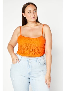 LASULA Women Square Neck Sleeveless Crochet Crop Top, Orange  - Image 1