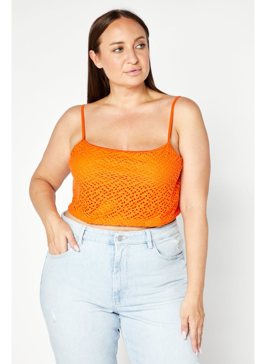 LASULA Women Square Neck Sleeveless Crochet Crop Top, Orange  - Image 1