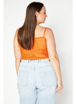 LASULA Women Square Neck Sleeveless Crochet Crop Top, Orange  - Image 3