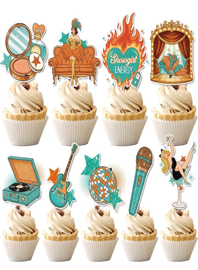 iPartyGo Showgirl Birthday Party Decorations - 36 Pcs Orange and Green Cupcake Toppers Set Cake Cupcakes Dessert Decor Music Show Girl Themed Supplies for Girls Fans Bday Bachelorette Bridal Shower - Image 1