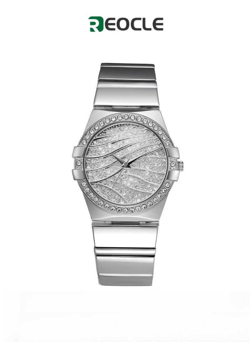 REOCLE Women's Diamond Watch Iced Out Watch Bling Rhinestone Watch Luxury Crystal Quartz Wristwatch Classic Steel Band Round Dial Dress Watch  - Image 1
