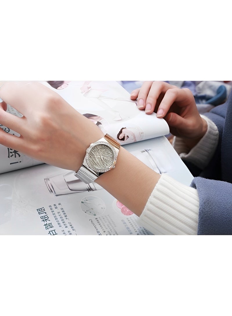 REOCLE Women's Diamond Watch Iced Out Watch Bling Rhinestone Watch Luxury Crystal Quartz Wristwatch Classic Steel Band Round Dial Dress Watch  - Image 3