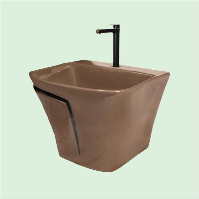 DOT Ceramic Wash Basin Designer Shining Semi Pedistal Basin Finishing Line Wall Mounted Washbasin for HomeOfficeHotels Brown with Black Lines HB025  - Image 4