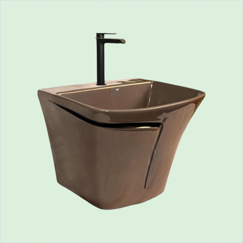 DOT Ceramic Wash Basin Designer Shining Semi Pedistal Basin Finishing Line Wall Mounted Washbasin for HomeOfficeHotels Brown with Black Lines HB025  - Image 5