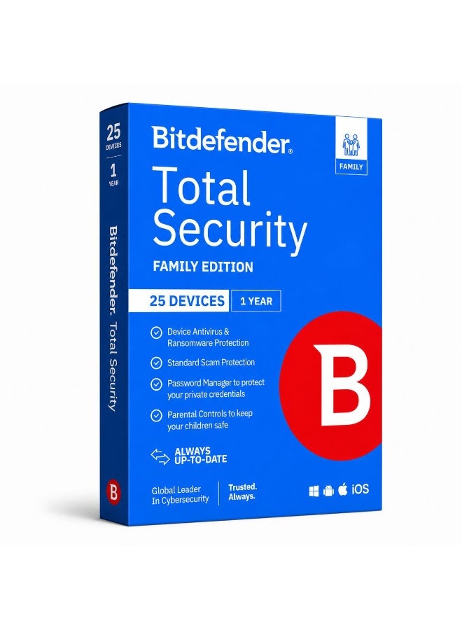 Bitdefender Total Security Family، 5 حسابات، 25 جهازًا لكل حساب، لمدة عام واحد | برامج مكافحة الفيروسات والأمان | الشرق الأوسط