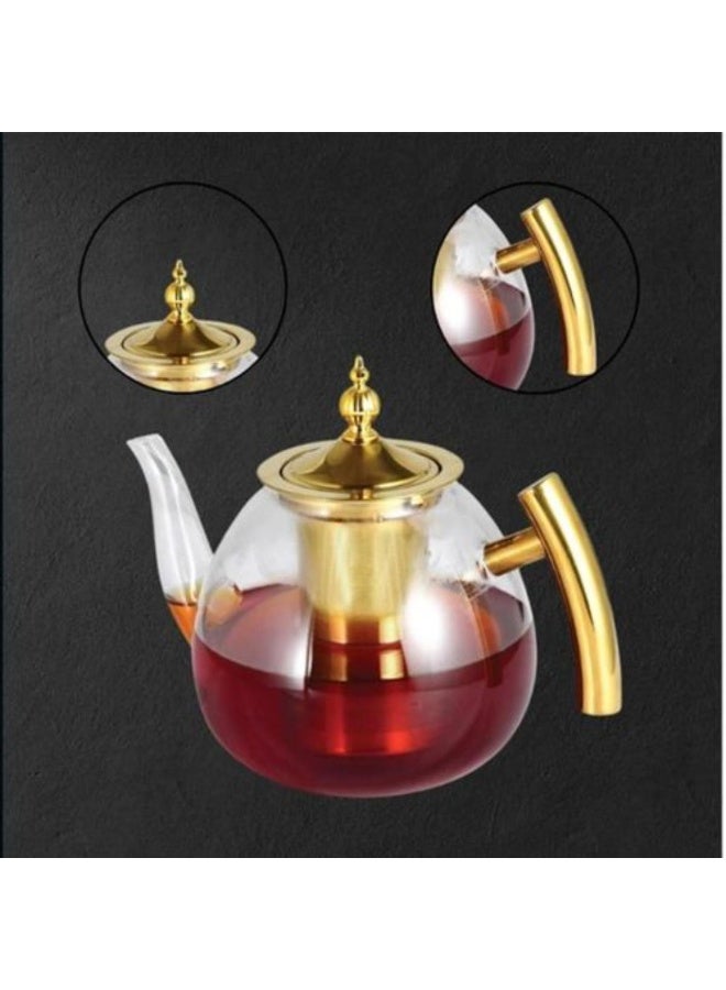 Tradeo Glass Teapot 1000ml with Infuser, Heat Resistant Borosilicate Tea Kettle Golden Handle Lid - Image 2