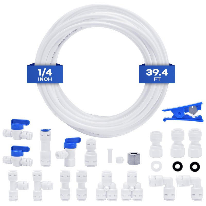 CNAODUN Refrigerator Water Line Kit 14 OD 394ft Tubing Ice Maker Kit With Quick Connect Fittings for Reverse Osmosis and Push To Connect Tube Fittings