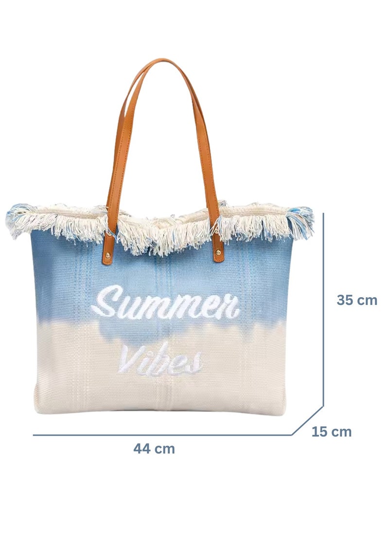 SamoDani Summer Vibes Cotton Tote Bag Shoulder bag for Women, Travel Beach Tassel Gift, Large Capacity  - Image 2