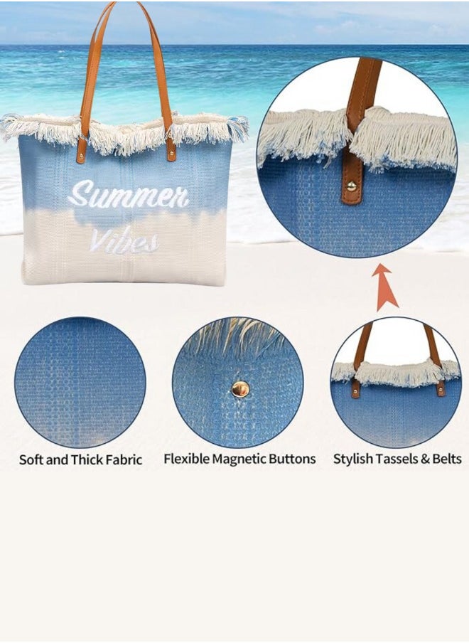 SamoDani Summer Vibes Cotton Tote Bag Shoulder bag for Women, Travel Beach Tassel Gift, Large Capacity  - Image 5