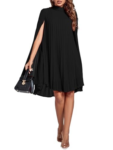 Rooscier Women's Pleated Mock Neck Cloak Sleeve Keyhole Back Flowy Party Midi Dress Plain Black XX-Large - Image 5