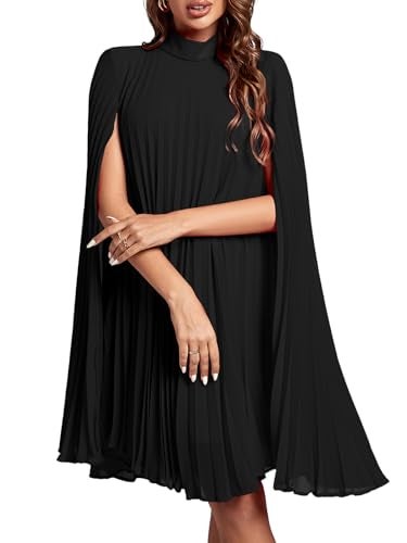 Rooscier Women's Pleated Mock Neck Cloak Sleeve Keyhole Back Flowy Party Midi Dress Plain Black XX-Large - Image 1