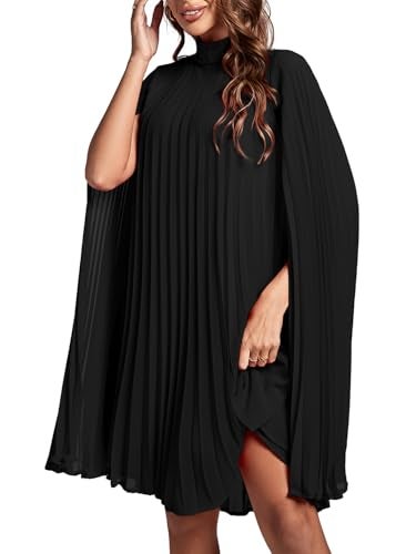 Rooscier Women's Pleated Mock Neck Cloak Sleeve Keyhole Back Flowy Party Midi Dress Plain Black XX-Large - Image 4
