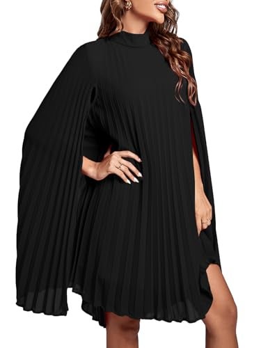 Rooscier Women's Pleated Mock Neck Cloak Sleeve Keyhole Back Flowy Party Midi Dress Plain Black XX-Large - Image 3