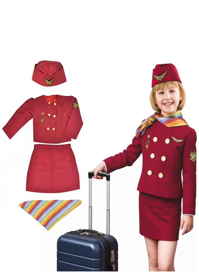 BELLSBERRY Girls Air Hostess Costume Set – Flight Attendant Dress Outfit with Skirt, Jacket, Hat & Scarf for Role Play & Parties - Image 1