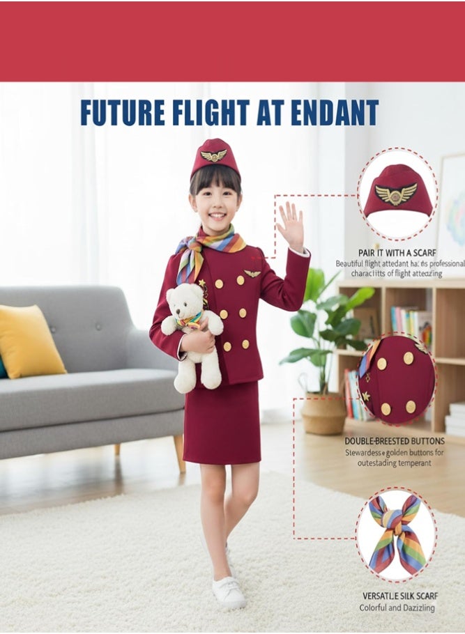 BELLSBERRY Girls Air Hostess Costume Set – Flight Attendant Dress Outfit with Skirt, Jacket, Hat & Scarf for Role Play & Parties - Image 3