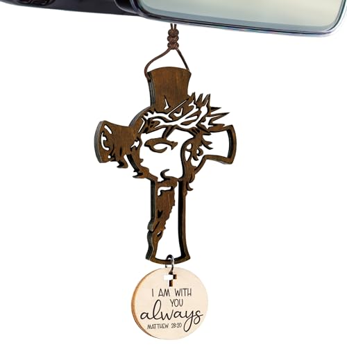 Hangwoous Cross for Car Mirror Hanging Christian with Bible Verse - I Am with You Always - Cross for Rear View Mirror - Christian Car Accessories Ornament - New Driver Gifts - Gift for Men, Women - Image 1