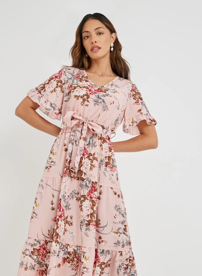 Take Two Take Two Women Pink Floral Print Ruffle Trim A-Line Midi Dress with Tie Waist