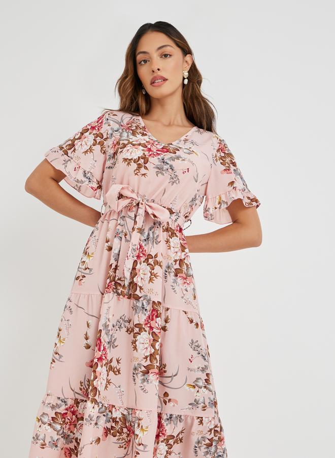 تايك تو فستان ميدي نسائي وردي بطبعات زهور وحافة مكشكشة وربطة خصر - Image 3