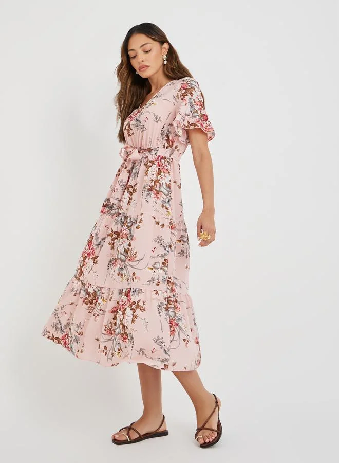 Take Two Take Two Women Pink Floral Print Ruffle Trim A-Line Midi Dress with Tie Waist