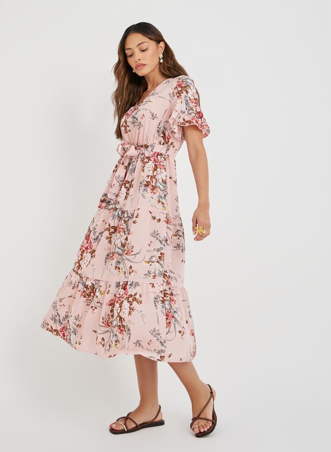 تايك تو فستان ميدي نسائي وردي بطبعات زهور وحافة مكشكشة وربطة خصر - Image 2