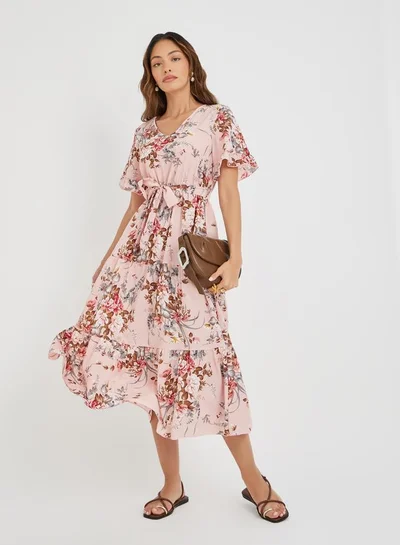 Take Two Women Pink Floral Print Ruffle Trim A-Line Midi Dress with Tie Waist