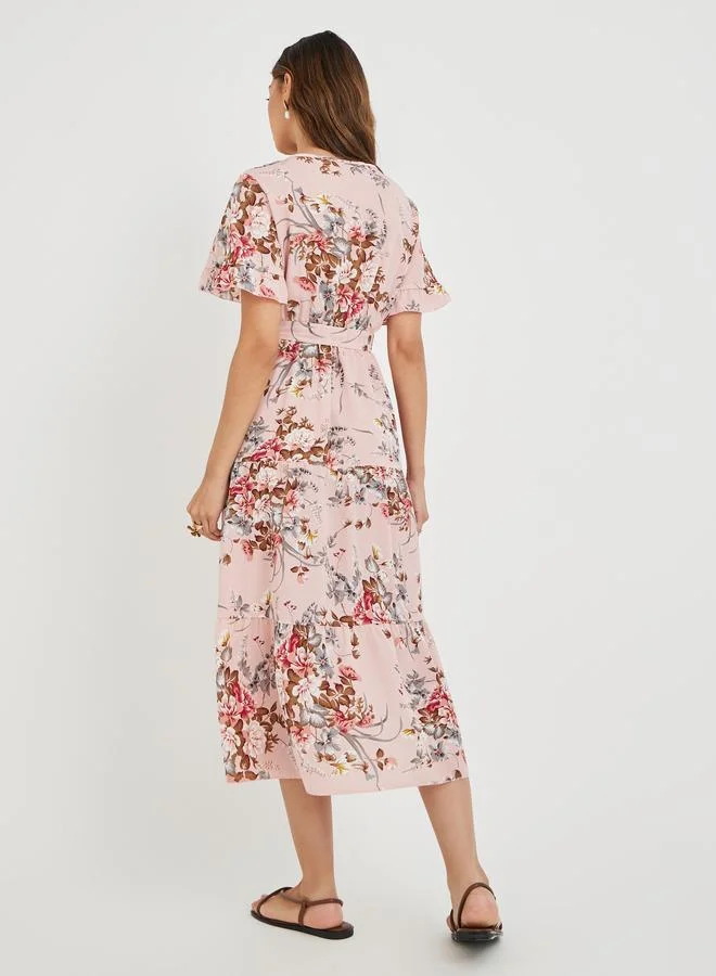 Take Two Take Two Women Pink Floral Print Ruffle Trim A-Line Midi Dress with Tie Waist