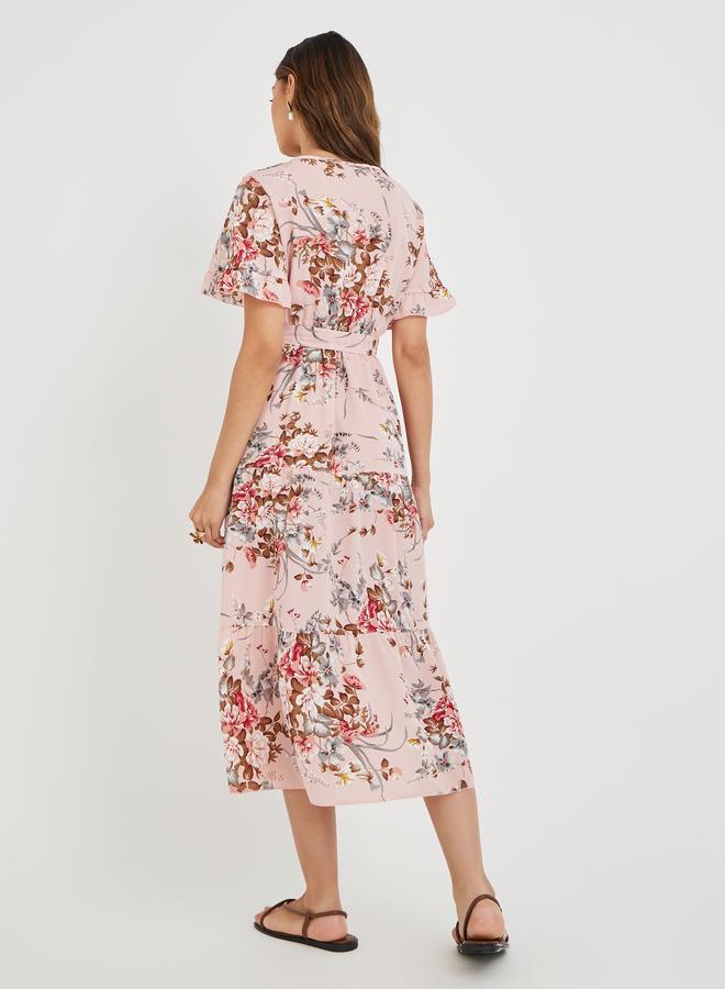 تايك تو فستان ميدي نسائي وردي بطبعات زهور وحافة مكشكشة وربطة خصر - Image 5