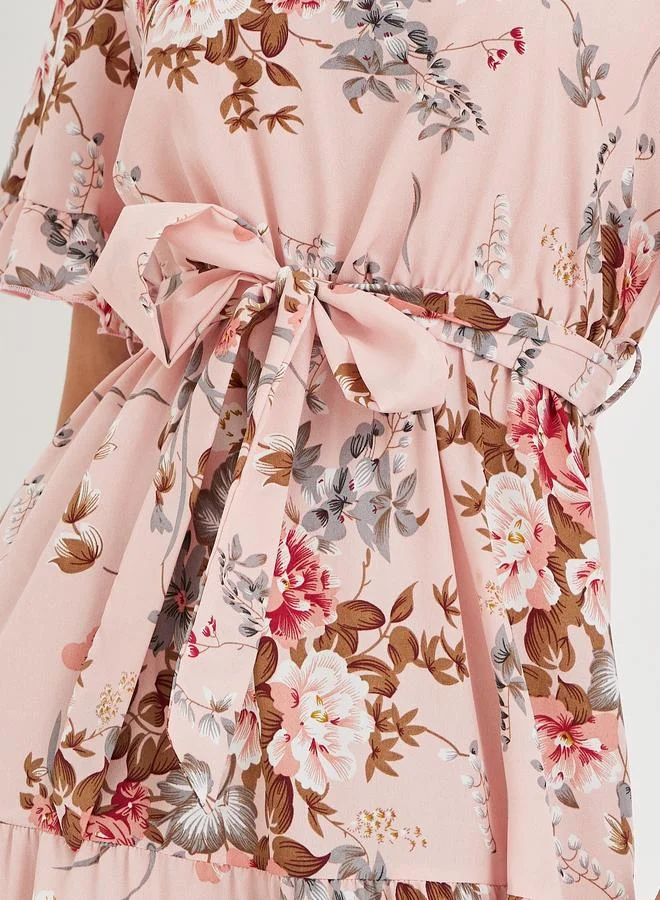 Take Two Take Two Women Pink Floral Print Ruffle Trim A-Line Midi Dress with Tie Waist
