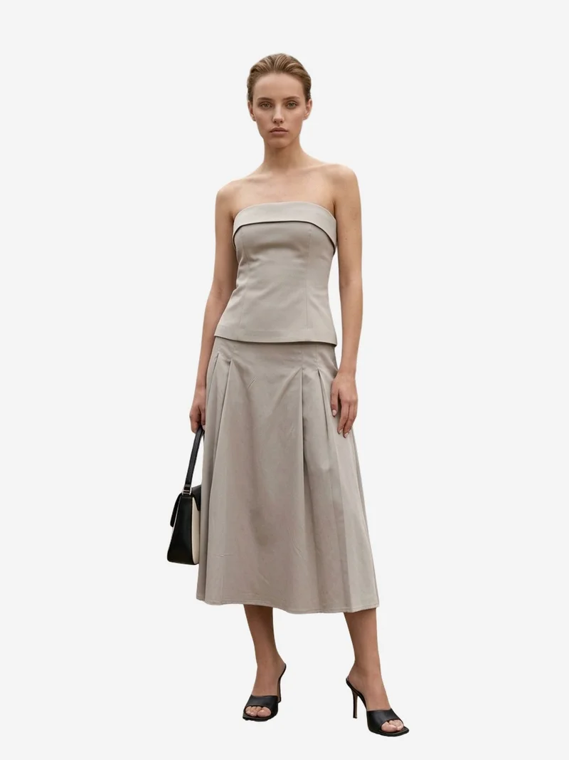 ماي فاشن MY FASHION Strapless Blouse and High-Waist Midi Skirt Set